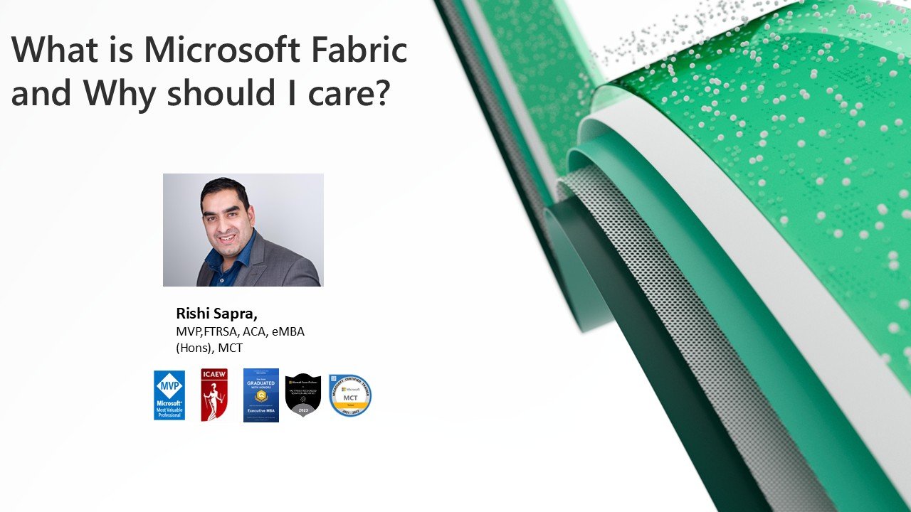 Title slide for the webinar What is Microsoft Fabric and Why should I care, presented by Rishi Sapra